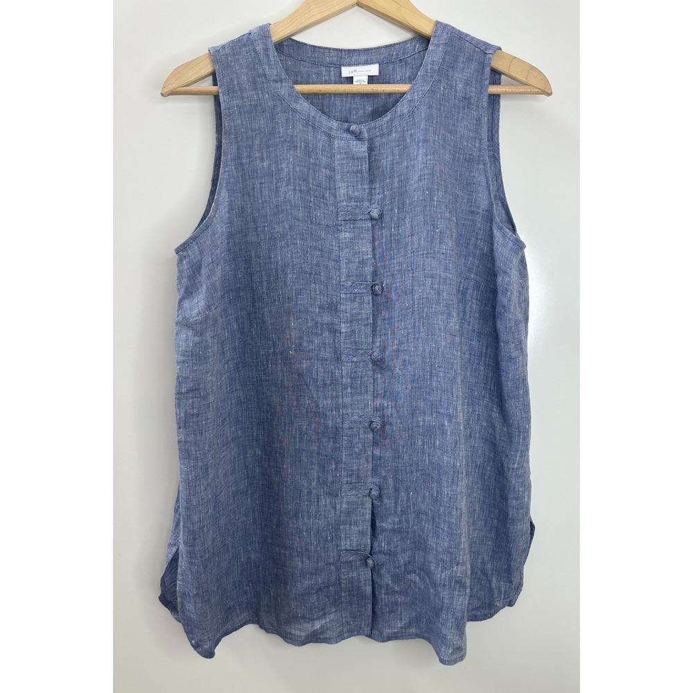 J. Jill Love Linen Blue Sleeveless Frog Closure Tunic Top M Medium Button Front - Picture 2 of 11
